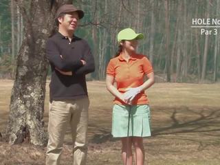 Golf call girl gets teased and creamed by two guys